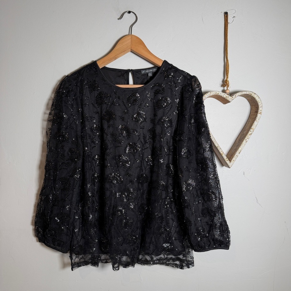 Adrianna Papell Sheer Mesh Overlay Floral Beadwork Top MEDIUM Gothic Romantic